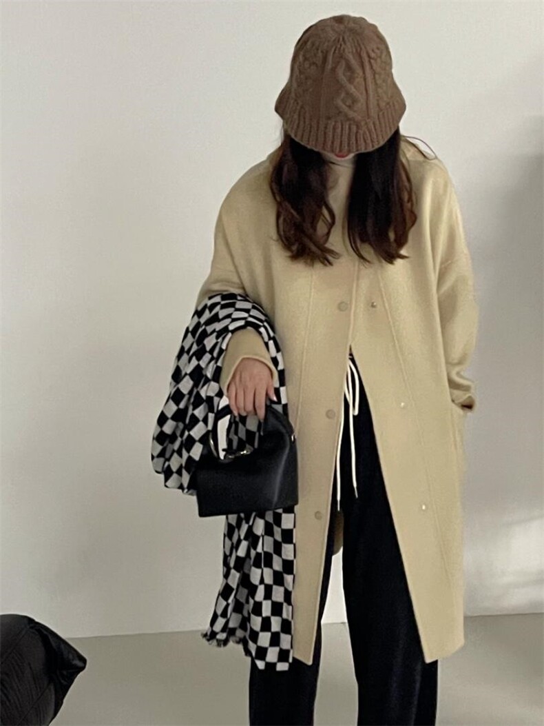 秋冬新款韩版连帽排扣羊绒大衣，其它，HJ