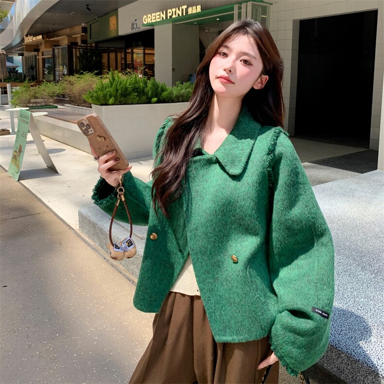 现货早春新款双面羊毛呢流苏宽松休闲街头羊毛外套，女装毛呢外套，SL