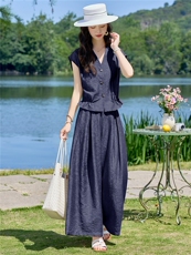 现货2026年夏季时尚简约大方气质优雅V领收腰显瘦两件套裤套装女，女装套装/套裙，众宇琦