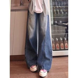 美式复古灰蓝色抓痕破洞牛仔裤轻奢小众炸街裤子ins高级感微喇裤图片