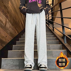 白灰色运动裤男女2023新款冬季加绒直筒宽松阔腿美式休闲显瘦卫裤，男装休闲裤，星座601-2