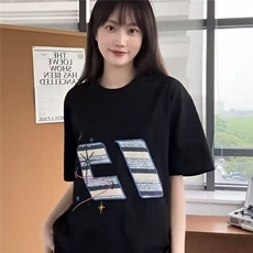 潮牌美式复古苹果小猫咪刺绣短袖t恤女纯棉宽松高级感情侣上衣，男装T恤，星座506A