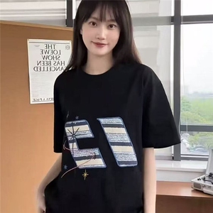 潮牌美式复古苹果小猫咪刺绣短袖t恤女纯棉宽松高级感情侣上衣图片