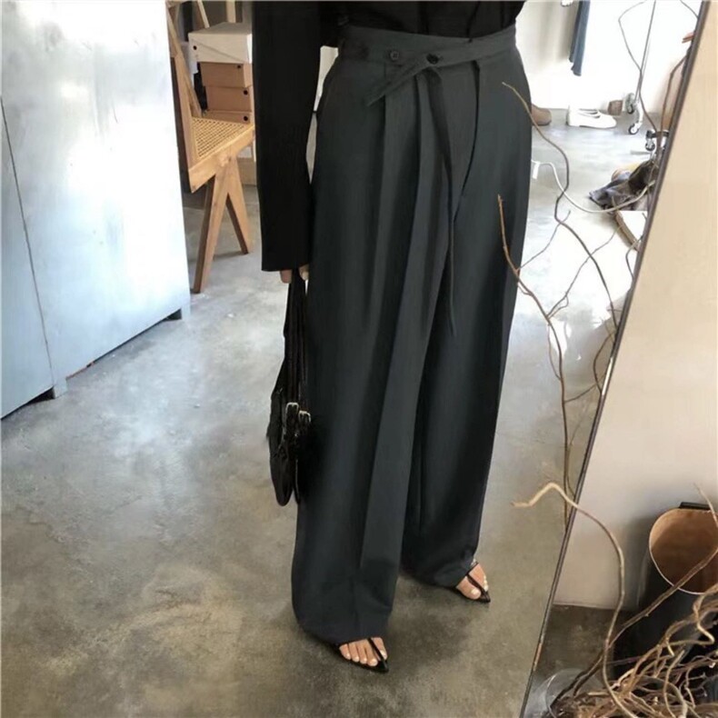高腰可调节腰带直筒休闲垂坠感阔腿西裤,女装休闲裤,湘姗