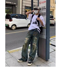 美式复古废土风黄泥牛仔裤情侣潮牌炸街直筒宽松设计感破洞长裤子，男装牛仔裤，星座506A
