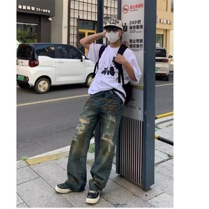 美式复古废土风黄泥牛仔裤情侣潮牌炸街直筒宽松设计感破洞长裤子图片