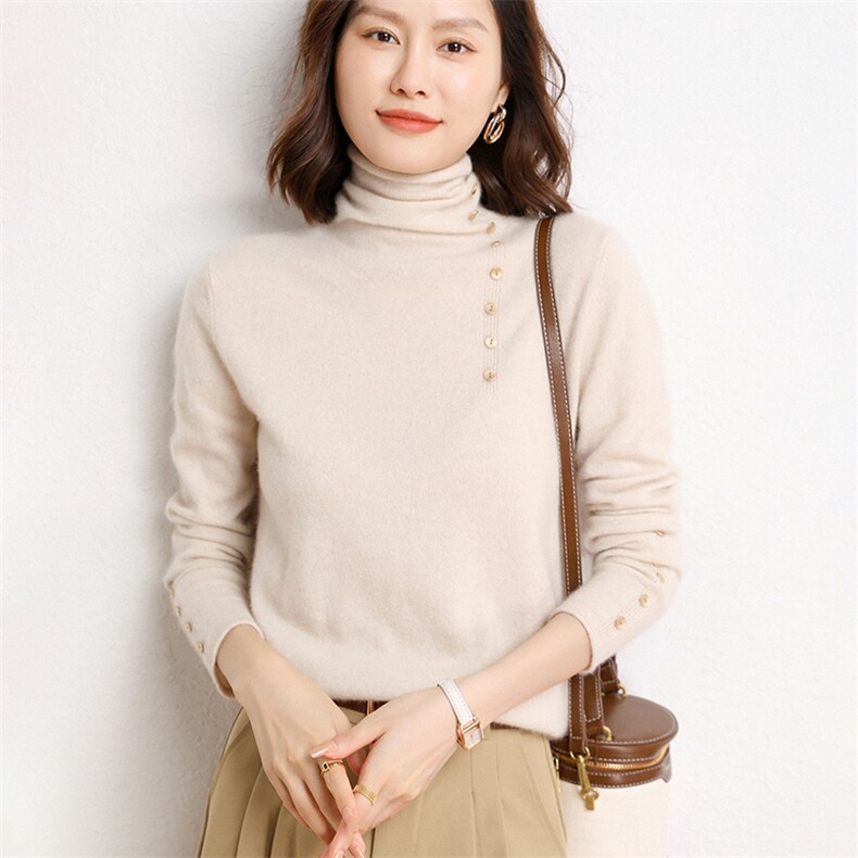 给足你惊喜！堆堆领羊绒衫女亲肤羊绒宽松带扣套头山羊绒毛衣薄,女装羊绒衫,纳丰羊绒