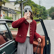 安可拉红小香风外套女羊羔毛短款毛绒上衣2025新款皮毛一体仿皮草，女装短外套，2C229