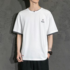夏季新款男士潮流时尚刺绣圆领纯棉宽松假两件短袖T恤DS731T图片