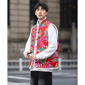 N4羊羔毛盘扣马甲男女情侣装新中式汉服表演出团队大花坎肩背心潮图片