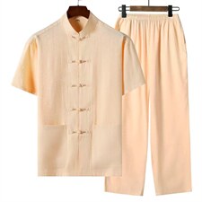 CS2024夏季男士复古薄款短袖唐装休闲套装免烫中老年爸爸装P90，男装中老年男装，电商B360