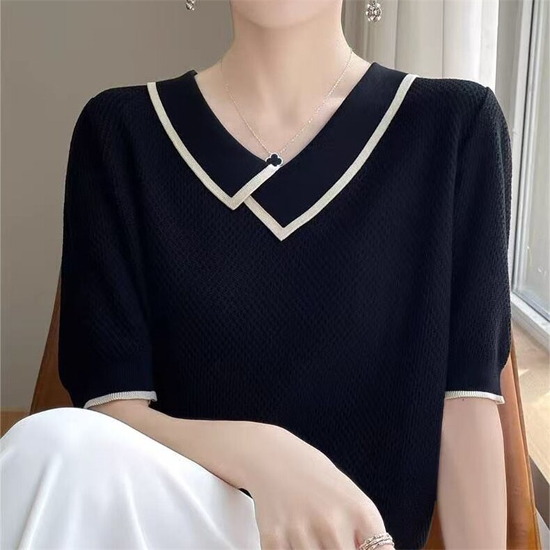 甜美不规则娃娃领天丝针织短袖女夏新款正肩莱塞尔撞色翻领T恤薄,女装T恤,萱芳婷羊绒