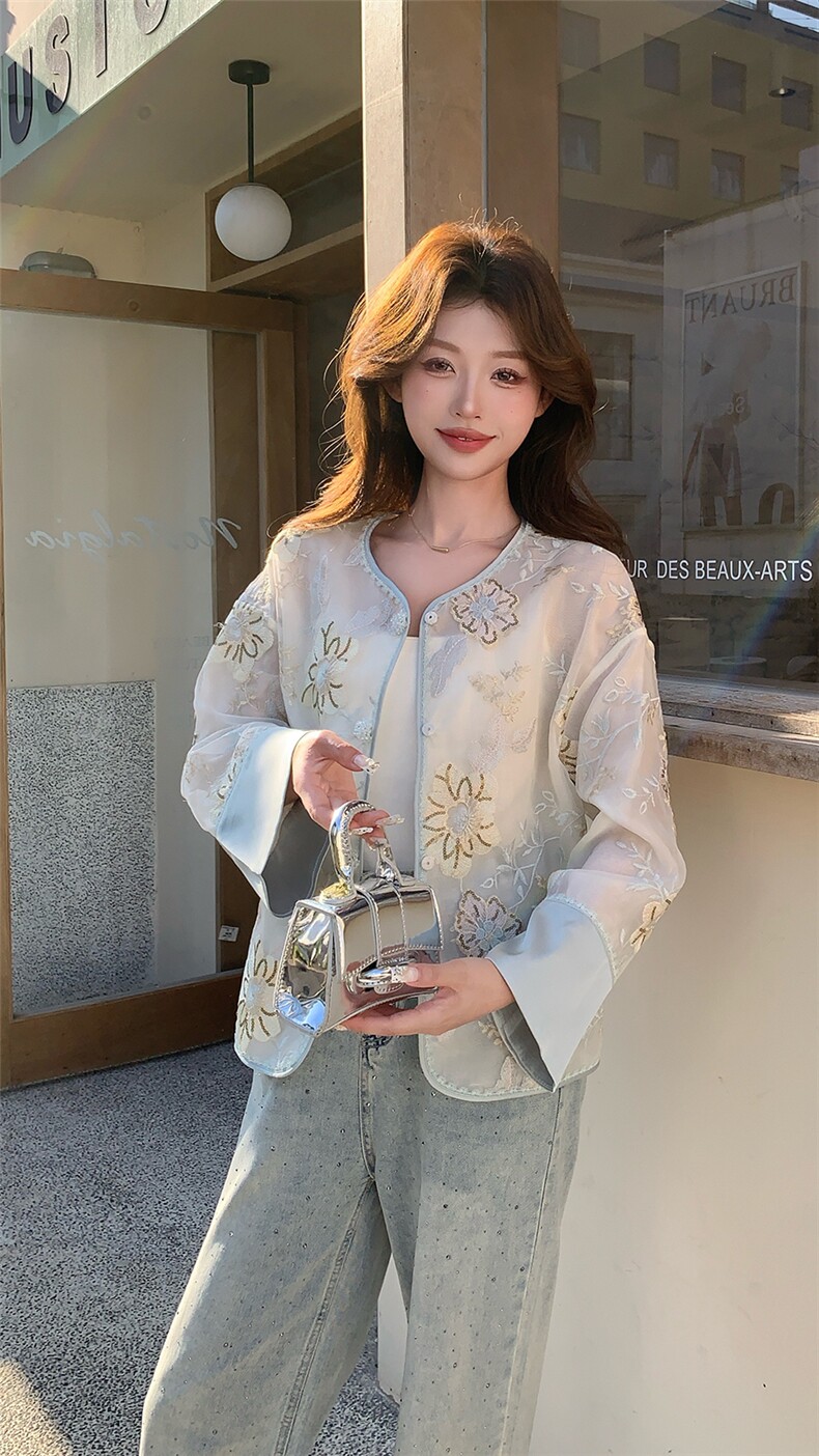 新中式提花刺绣欧根纱防晒外套女2025春夏新款高端洋气设计感开衫,女装短外套,浙宝208A