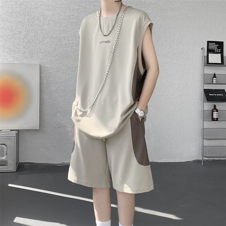特批P48无差价2025夏季高街复古拼接撞色大码背心短裤男TZ5574，男装休闲套装，电商A001