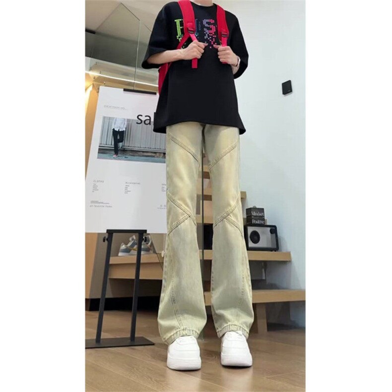 弯刀微喇裤牛仔裤男款夏季美式高街小众拼接直筒显瘦提档裤子,男装牛仔裤,星座506A