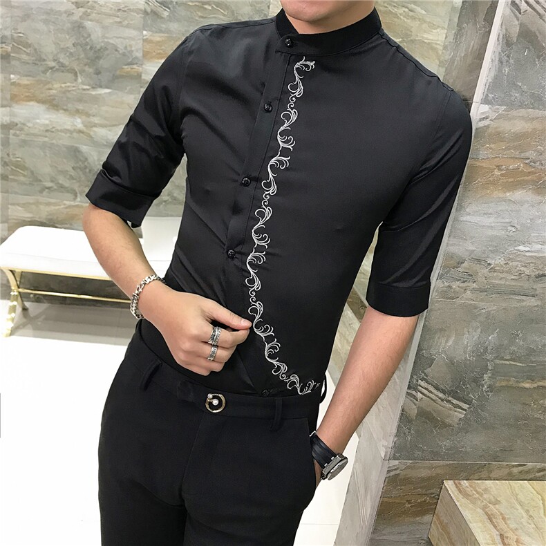 2021春夏新款潮男个性刺绣中袖衬衫夜店发型师衬衣工作服D457图片