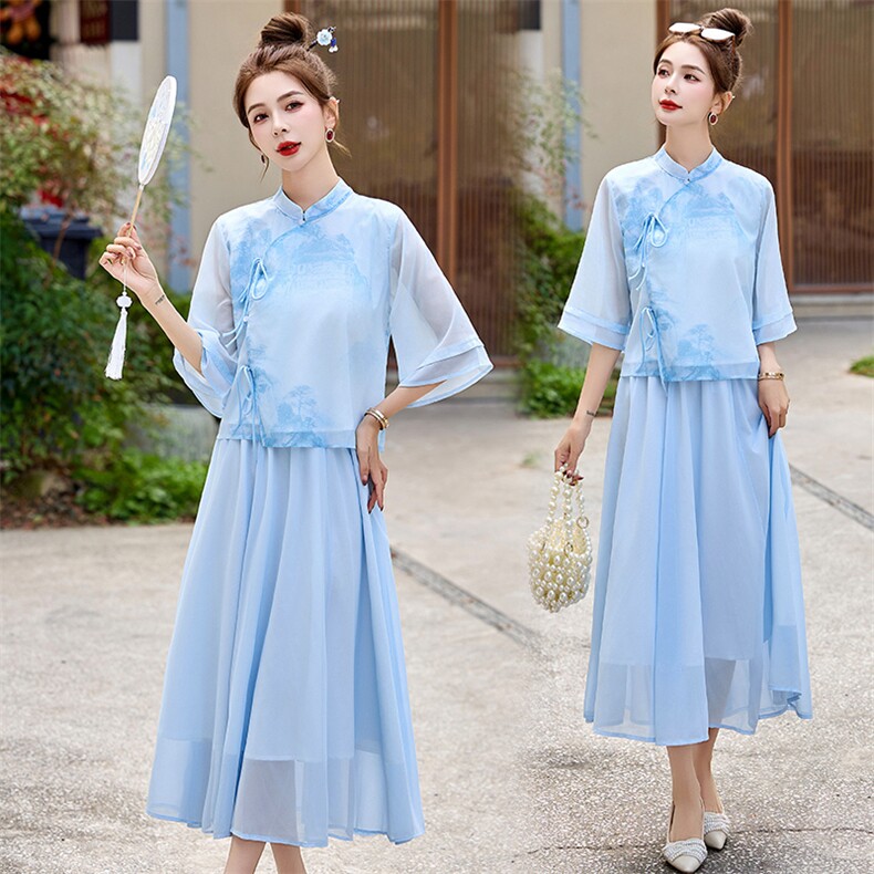 新风中式改良水墨印花汉服套装裙289P135,女装套装/套裙,乐衣轩