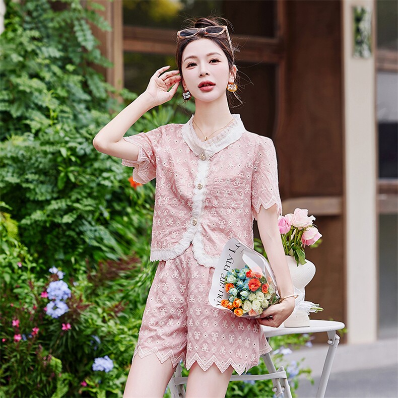 法式时尚套装蕾丝连衣裙女夏2025新款小香风上衣半身裙粉色两件套,女装套装/套裙,慕依路