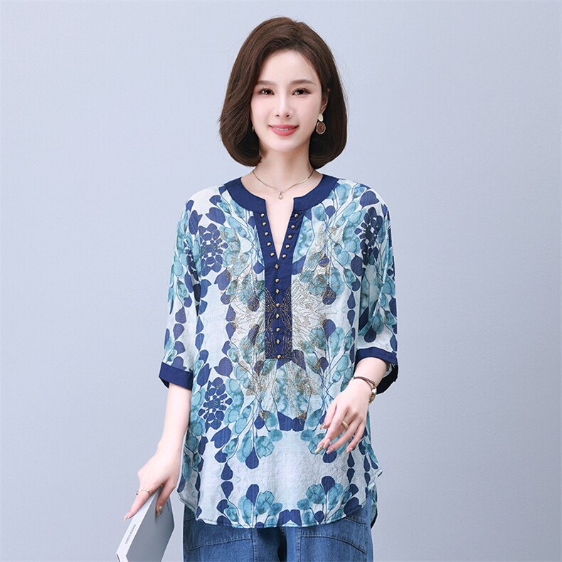 时尚宽松拼接印花镶钻短袖上衣 优雅显瘦百搭女衬衫图片