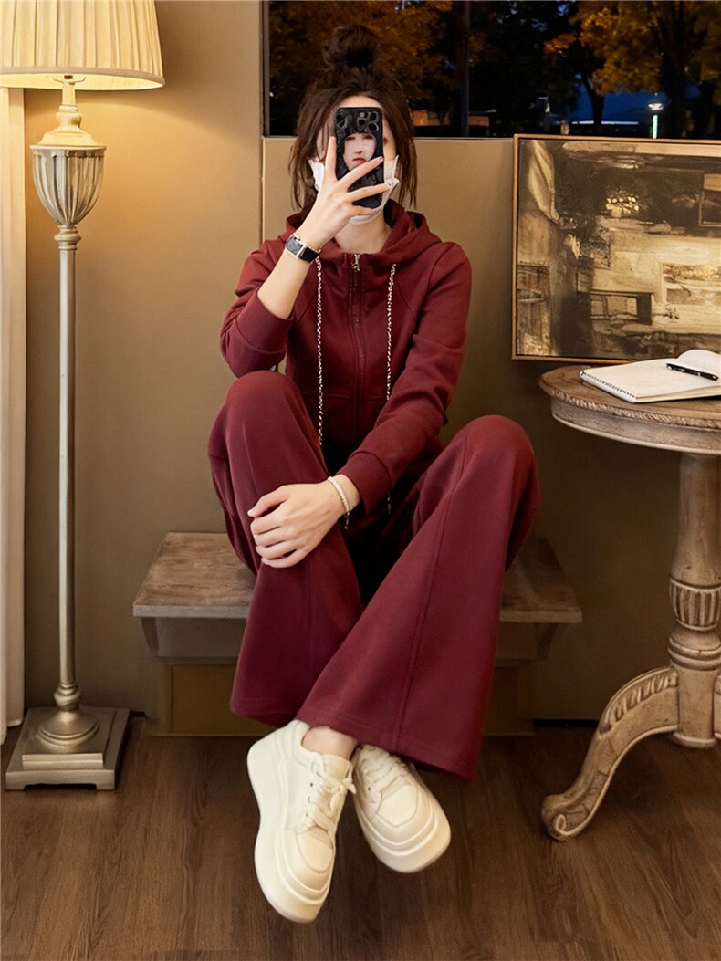 女春季新款时尚慵懒风套装红色拉链开衫连帽长袖外套阔腿裤两件套,女装套装/套裙,江南