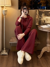 女春季新款时尚慵懒风套装红色拉链开衫连帽长袖外套阔腿裤两件套，女装套装/套裙，江南