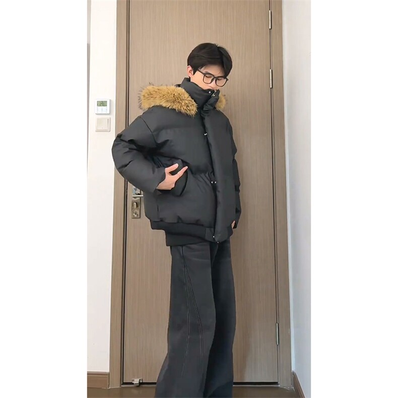 现货三防重磅硬挺boxy短款羽绒棉衣座山雕大毛毛领PU皮棉服外套冬,男装棉衣,电商A486-1