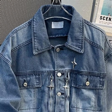 水洗做旧牛仔外套男春秋季美式ins潮牌高街宽松百搭夹克F10/P80，男装工装外套，星座506B