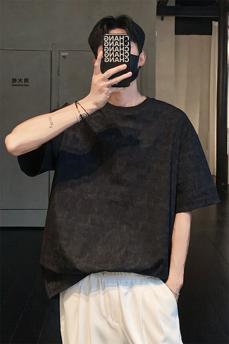 树皮提花短袖T恤潮流休闲上衣港风痞帅百搭短袖HY740TP35控58,男装T恤,电商A102B