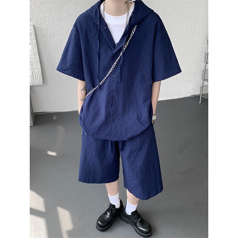 TZ793-特55控98新款速干肌理感连帽男短袖衬衫六分裤大码套装,男装T恤,电商A059