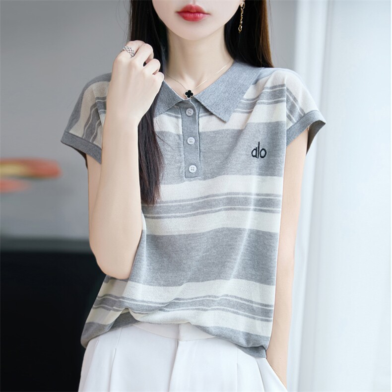 夏季新款天丝亚麻翻领刺绣条纹短袖女宽松百搭显瘦时尚休闲上衣,女装T恤,昭美羊绒