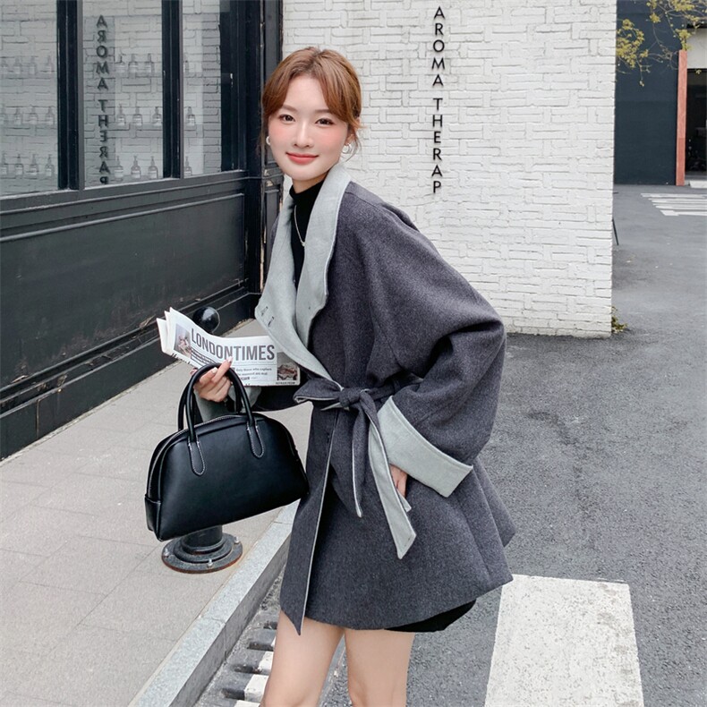 灰色韩系撞色收腰毛呢外套女秋冬2025新款设计小个子气质绝美大衣,女装风衣,2C305