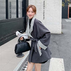 灰色韩系撞色收腰毛呢外套女秋冬2025新款设计小个子气质绝美大衣，女装风衣，2C305