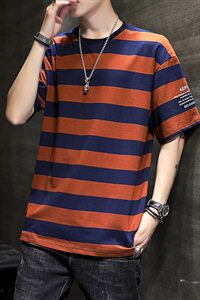 男士条纹短袖t恤2021新款潮牌夏季宽松纯棉体桖男生体恤T212图片