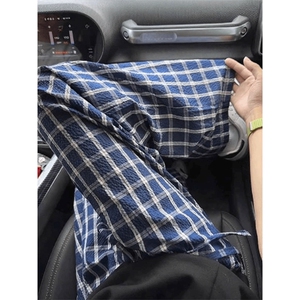 美式高街潮牌男女泡泡格子休闲裤直筒宽松慵懒显瘦阔腿休闲长裤子图片