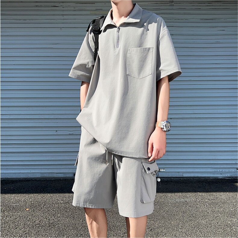 109-TZ012-特批65夏季新款翻领短袖T恤工装短裤休闲套装，男装休闲套装，星座109