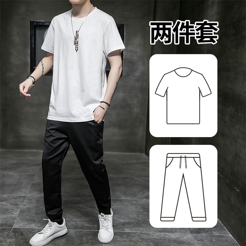 2021夏季新款字母短袖T恤男套装九分裤两件套男潮A438-TZ02-P30,男装休闲套装,电商A438