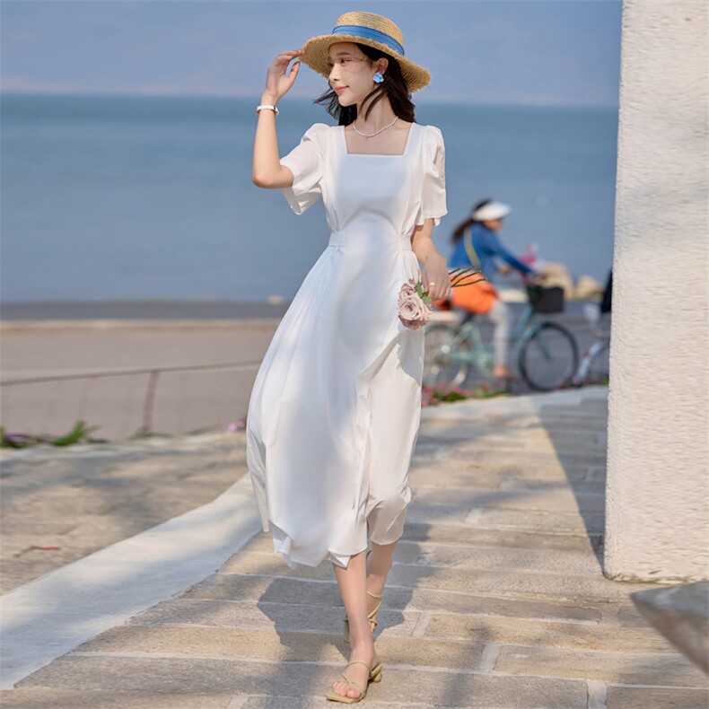 法式复古白色清新连衣裙女通勤收腰显瘦气质长裙子夏季新款,女装连衣裙,梦懿尔