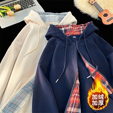 毛毯风摇粒绒格子开衫连帽卫衣宽松加绒冬潮牌外套A436-113-P60，男装卫衣，电商A436