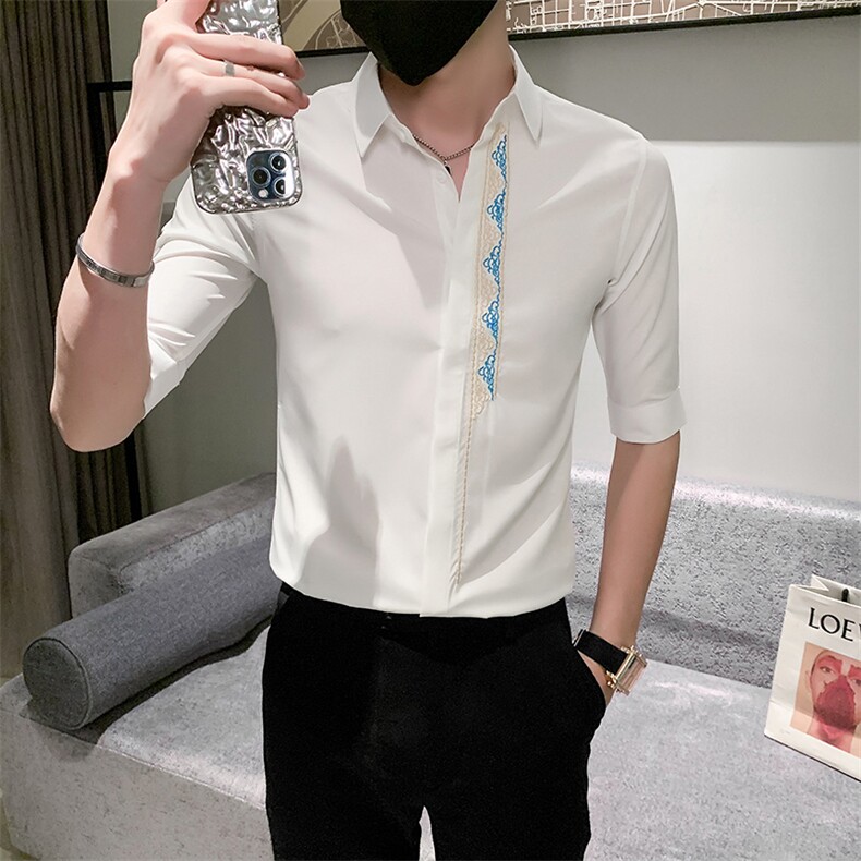 黑夏季新款男士刺绣五分袖衬衫男休闲中袖寸衣301A-1/CS363/P55,男装衬衫,星座301A-1