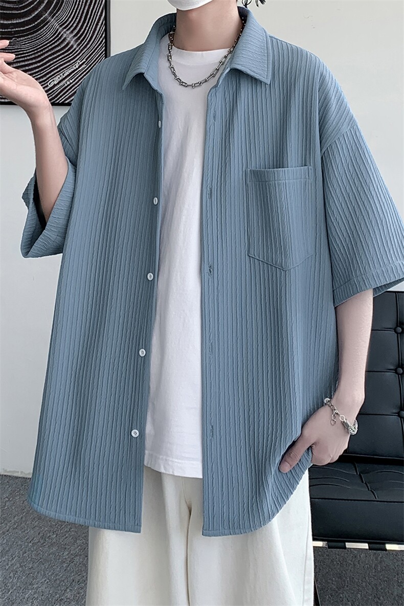 2023夏季凉感冰丝垂坠感休闲衬衣男痞帅休闲宽松短袖衬衫C844-P45,男装衬衫,电商A001