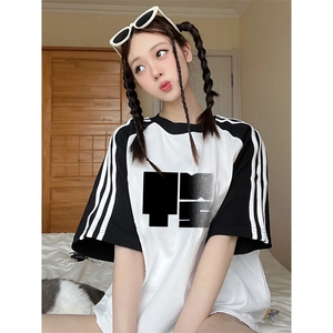 夏季美式高街重磅纯棉三条杠织带插肩撞色男女短袖T恤CZ132-特P25图片