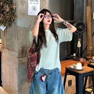 抖音得物品质二开240克宽松纯棉美式潮牌印花三条杠中性风短袖T恤图片