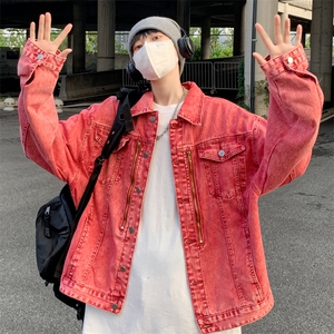 红色牛仔夹克外套2025新款秋季复古水洗男装上衣1243-P75图片