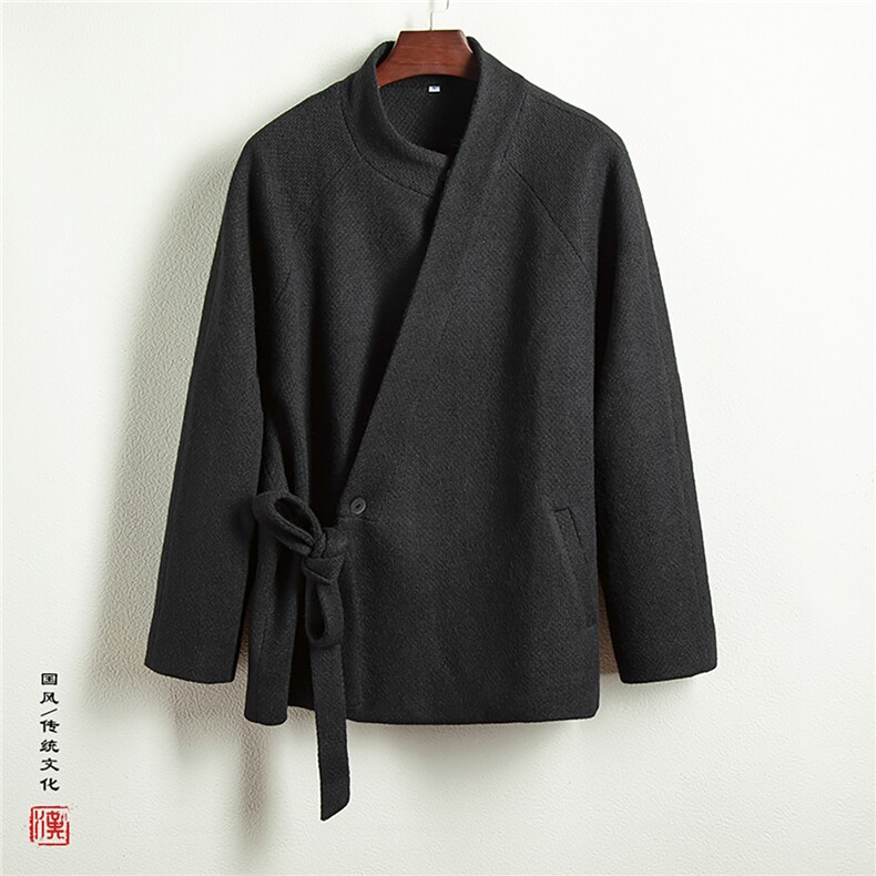 秋冬新款风男装呢料男士改良汉服斜襟加厚外套HW206P140,男装民族服装,钱塘802