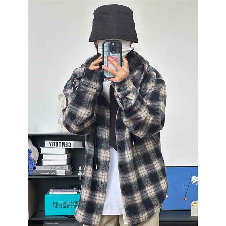 数据毛呢连帽格子衬衫磨毛中性加厚连帽衬衫外套CS069-P48,男装衬衫,星座301C-5