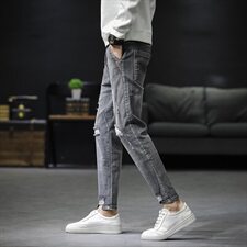 现货潮流破洞牛仔裤男休闲小脚九分裤微弹，男装牛仔裤，星座1008