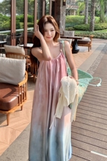 高级感渐变吊带连衣裙套装女2025夏新款度假风镂空开衫长裙两件套，女装套装/套裙，2C057