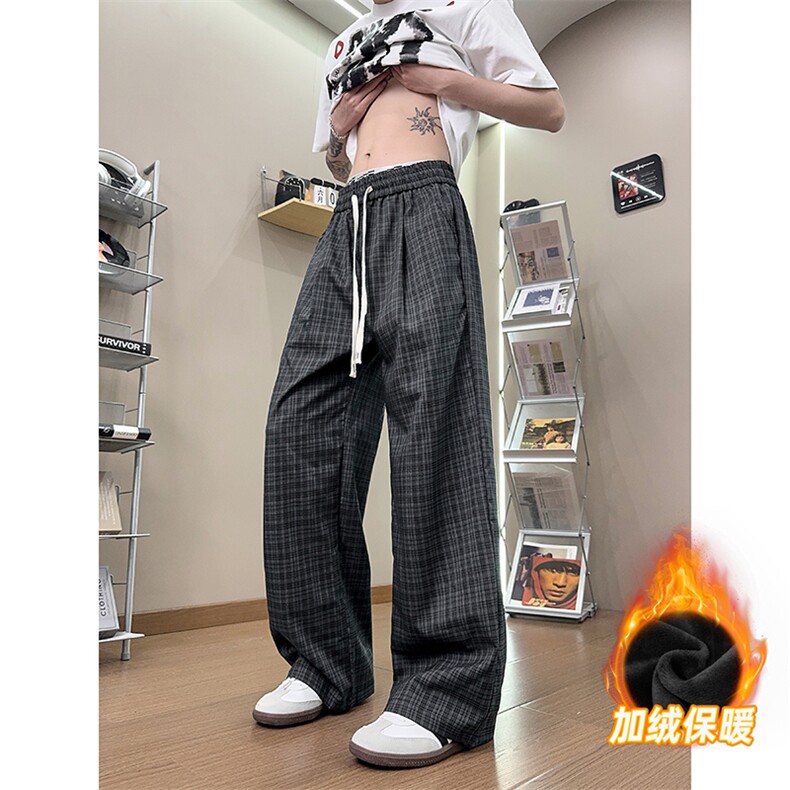 XK468-2JR-P38加绒秋冬灰色格子裤男松弛感美式休闲阔腿直筒裤,男装卫衣,电商A178