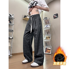 XK468-2JR-P38加绒秋冬灰色格子裤男松弛感美式休闲阔腿直筒裤，男装卫衣，电商A178