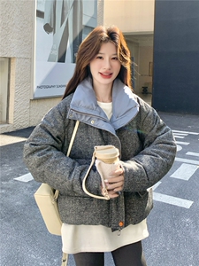 韩系灰色撞色短款羽绒服外套女冬2025新款设计保暖白鸭绒气质外套图片